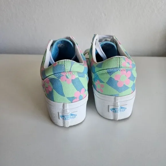 Vans | Old Skool Stacked Checkered Floral Blue Platform Shoes, Womens 9 - Picture 9 of 11